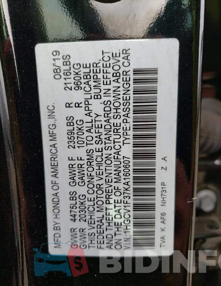 1HGCV1F37KA160607 Photo# 10