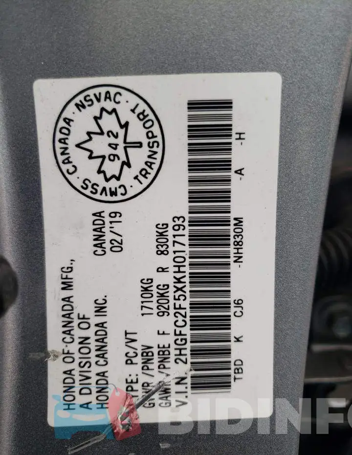 2HGFC2F5XKH017193 Photo# 10