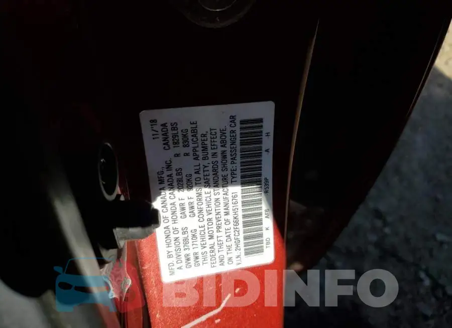 2HGFC2F66KH516761 Photo# 10