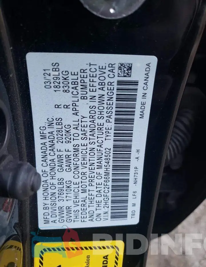 2HGFC2F66MH548502 Photo# 12