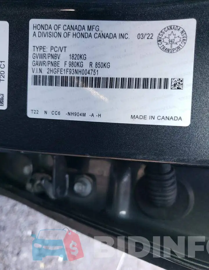 2HGFE1F93NH004751 Photo# 10