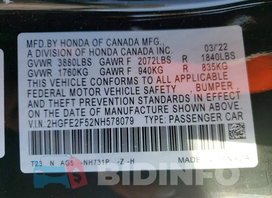 2HGFE2F52NH578079 Photo# 10