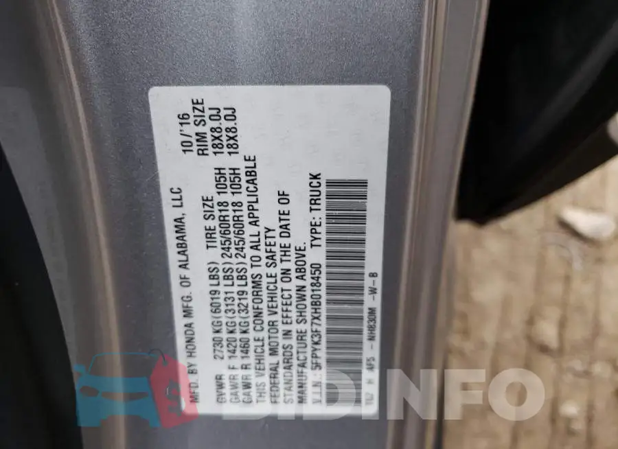5FPYK3F7XHB018450 Photo# 10