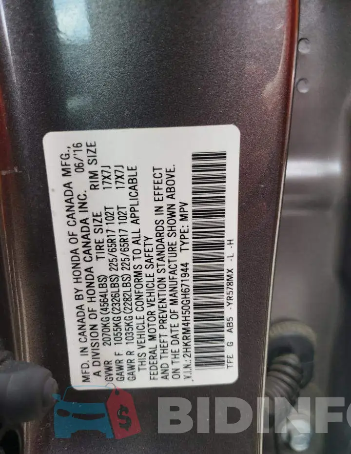 2HKRM4H50GH671944 Photo# 10