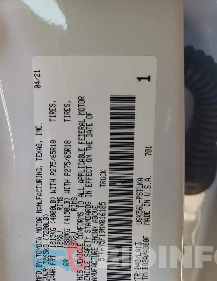 5TFHY5F19MX016185 Photo# 12