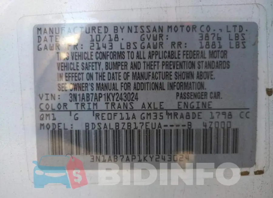 3N1AB7AP1KY243024 Photo# 10