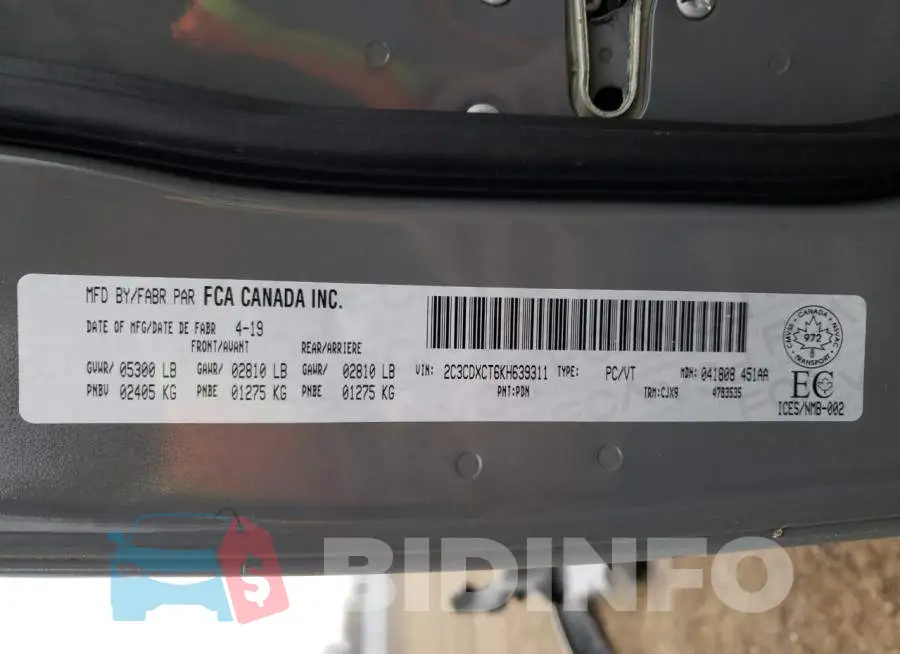 2C3CDXCT6KH639311 Photo# 10