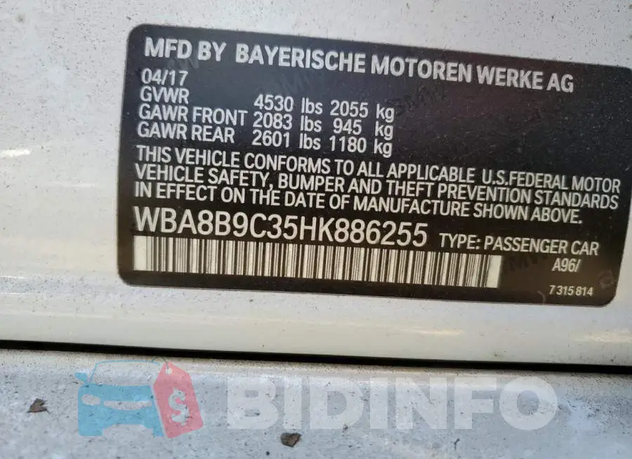 WBA8B9C35HK886255 Photo# 10