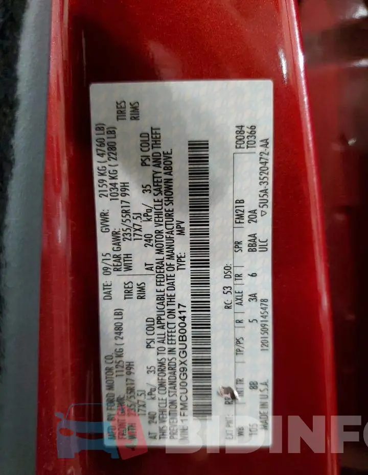 1FMCU0G9XGUB00417 Photo# 10