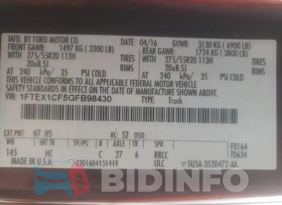 1FTEX1CF5GFB98430 Photo# 10