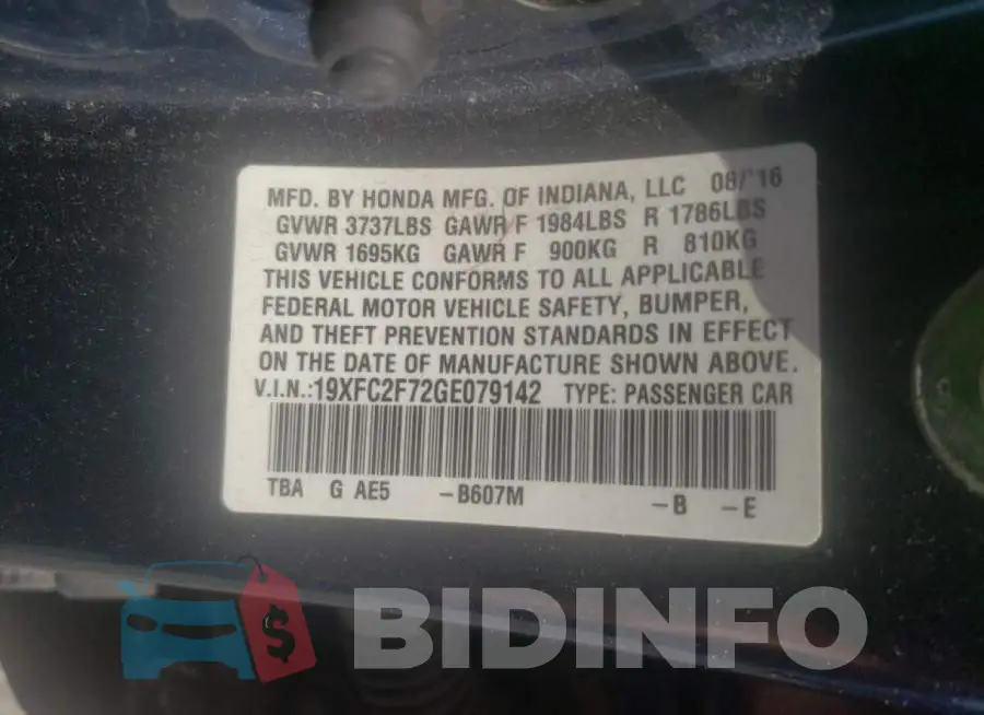 19XFC2F72GE079142 Photo# 10
