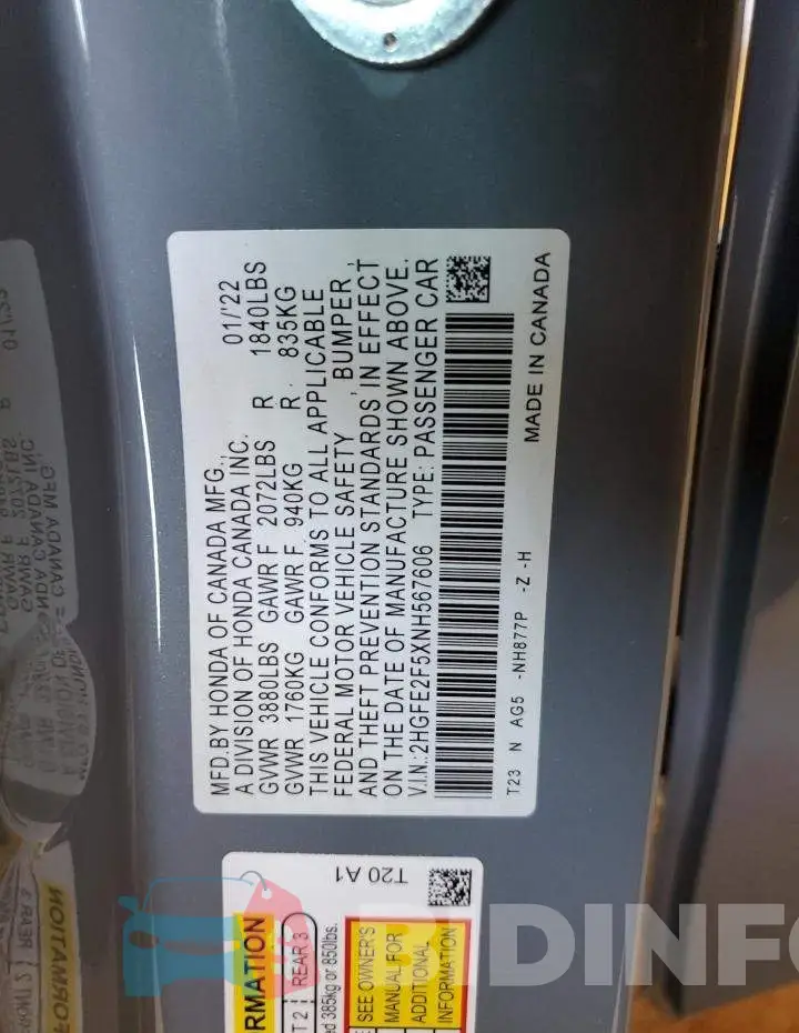 2HGFE2F5XNH567606 Photo# 10