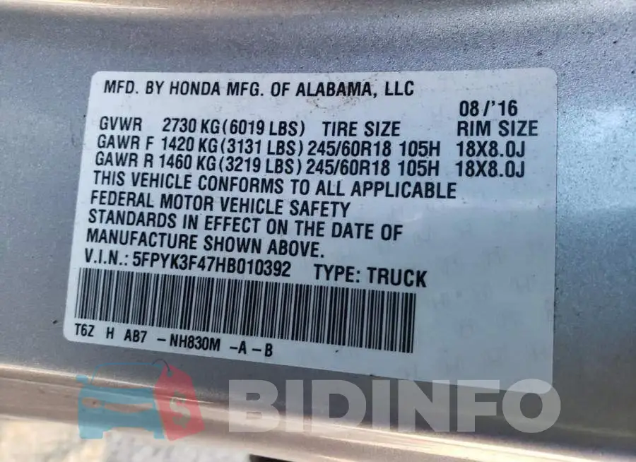 5FPYK3F47HB010392 Photo# 13