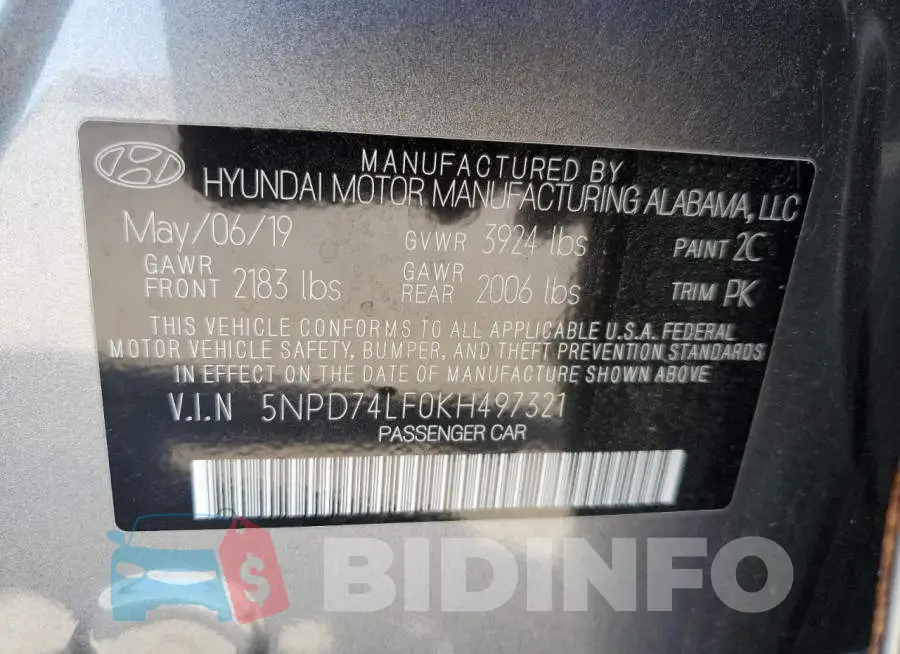5NPD74LF0KH497321 Photo# 10