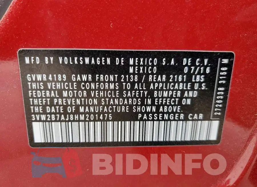 3VW2B7AJ8HM201475 Photo# 10