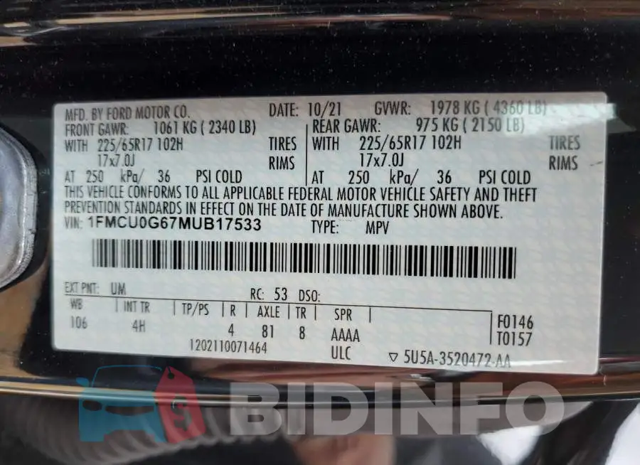1FMCU0G67MUB17533 Photo# 10