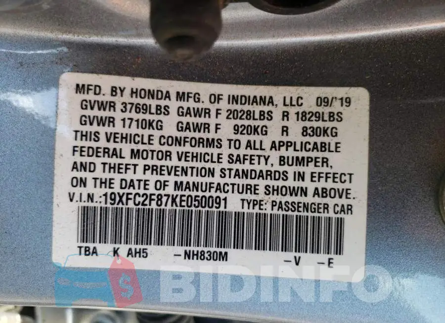 19XFC2F87KE050091 Photo# 10