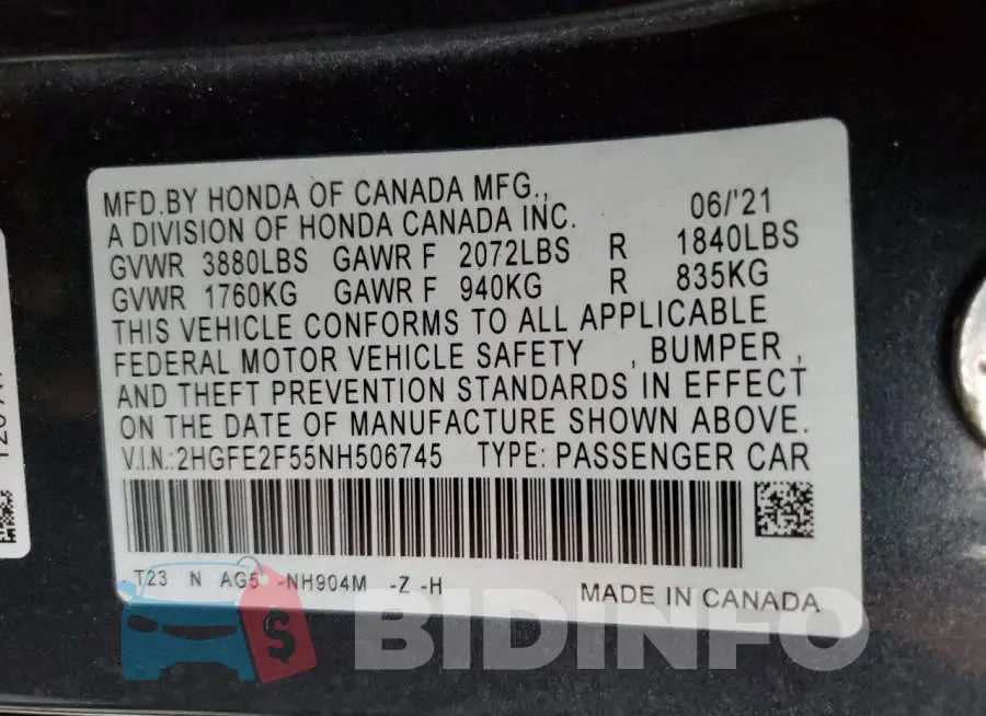 2HGFE2F55NH506745 Photo# 10