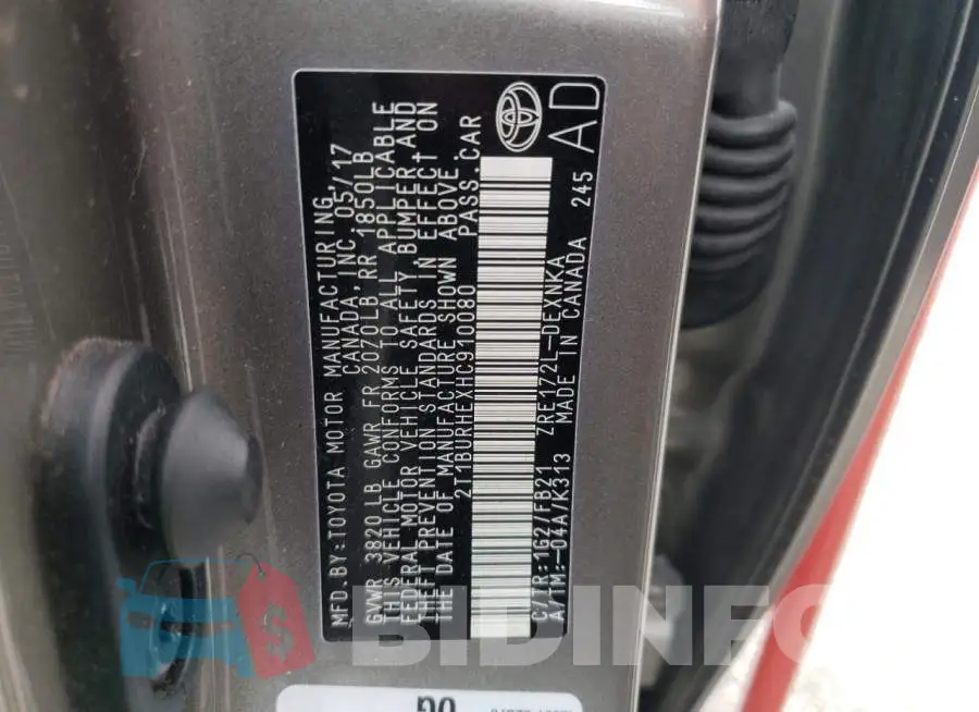2T1BURHEXHC910080 Photo# 10