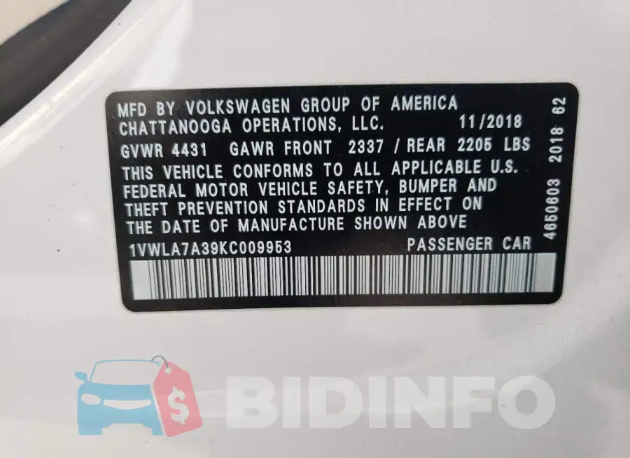 1VWLA7A39KC009953 Photo# 10