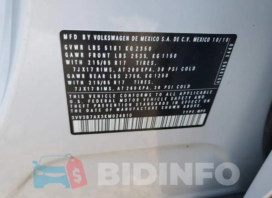 3VV3B7AX3KM024810 Photo# 10