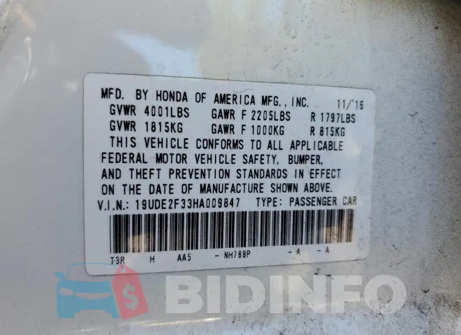 19UDE2F33HA009847 Photo# 10