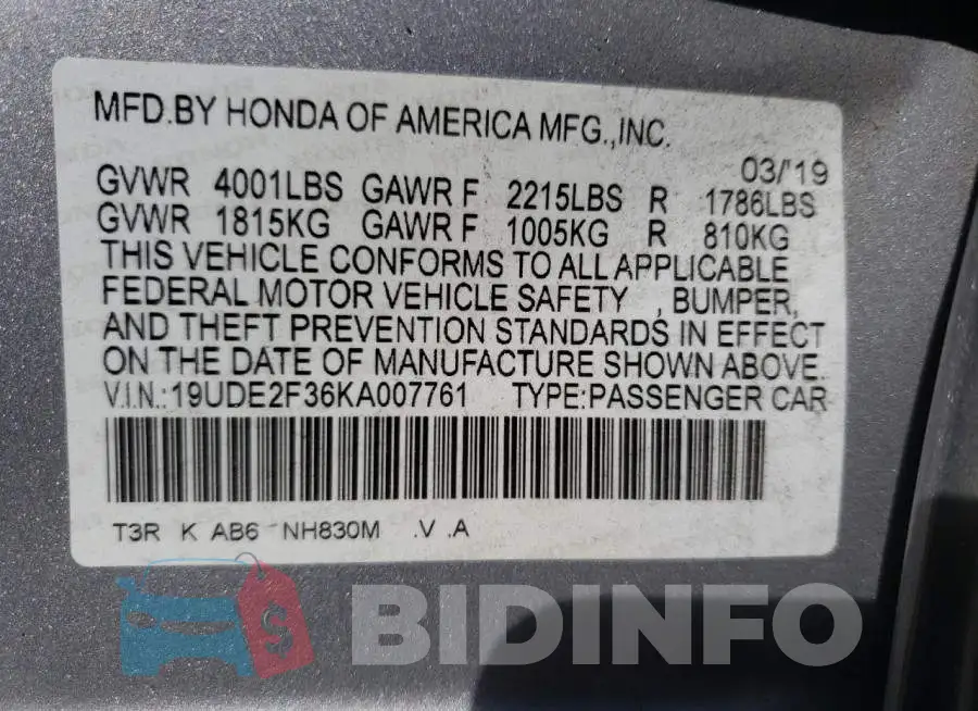 19UDE2F36KA007761 Photo# 10