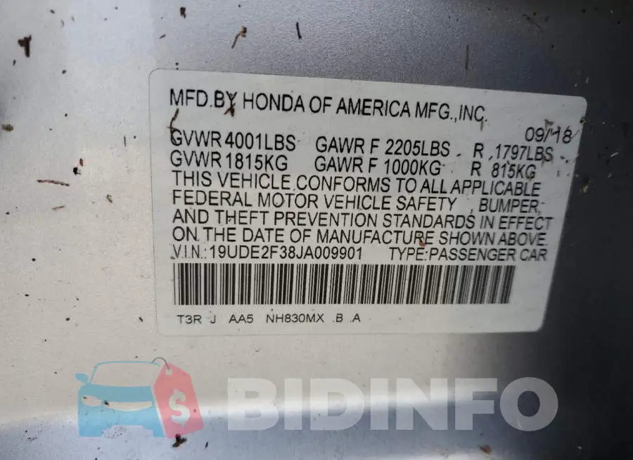 19UDE2F38JA009901 Photo# 10