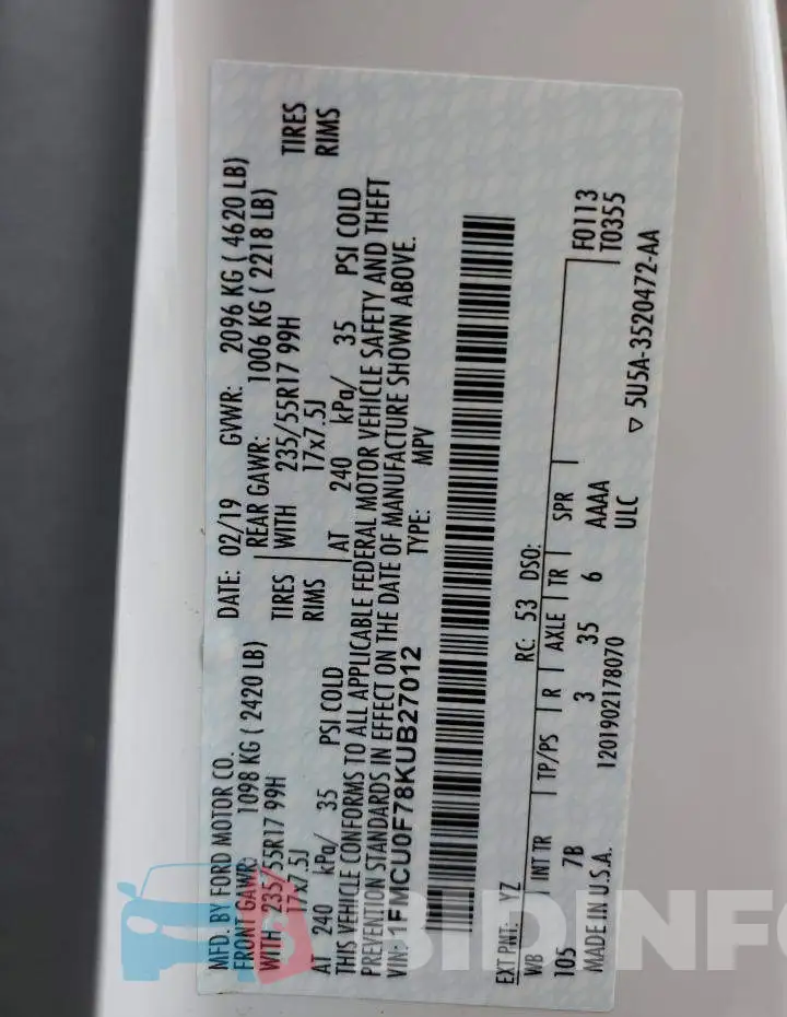 1FMCU0F78KUB27012 Photo# 10