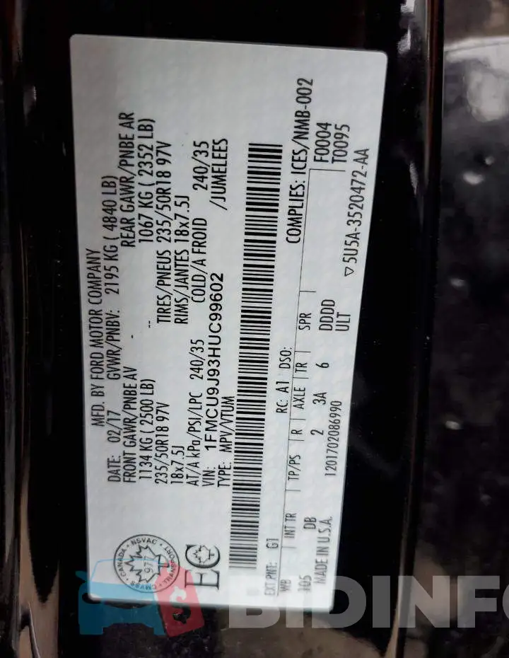 1FMCU9J93HUC99602 Photo# 10