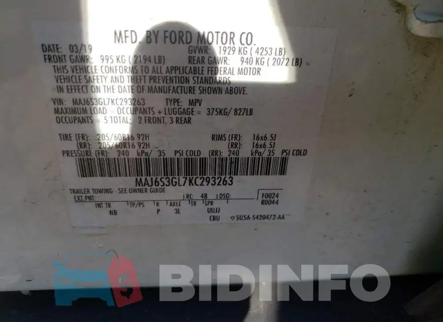 MAJ6S3GL7KC293263 Photo# 10