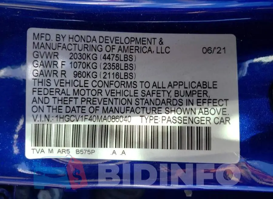 1HGCV1F40MA086040 Photo# 10