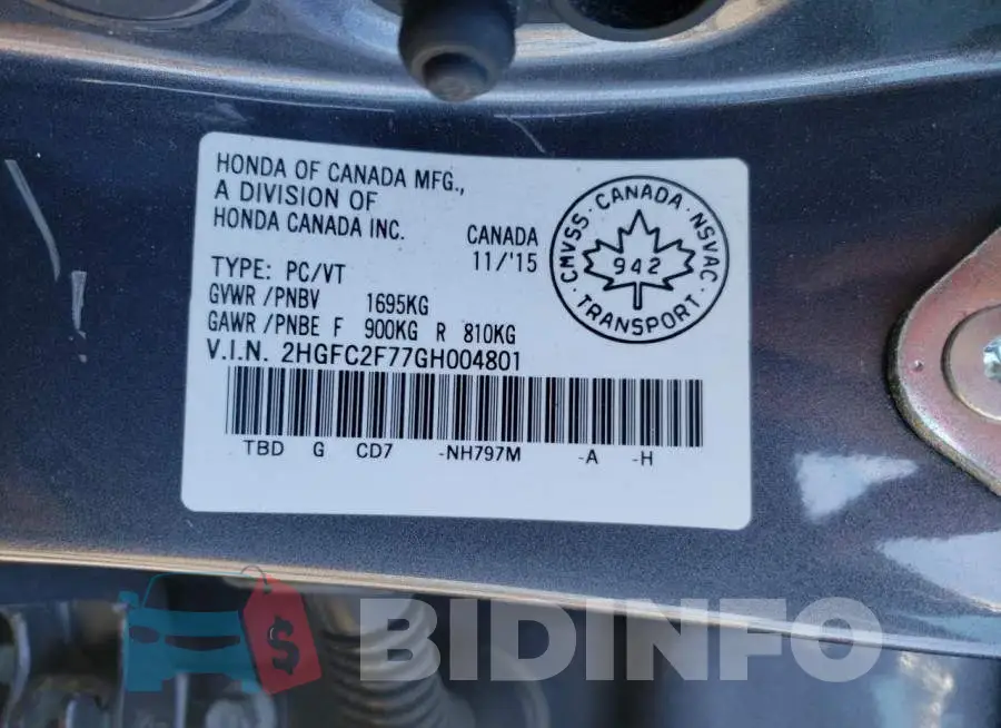 2HGFC2F77GH004801 Photo# 10