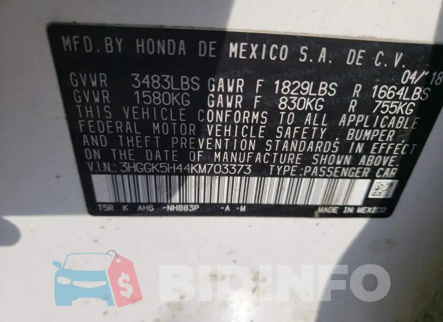 3HGGK5H44KM703373 Photo# 12