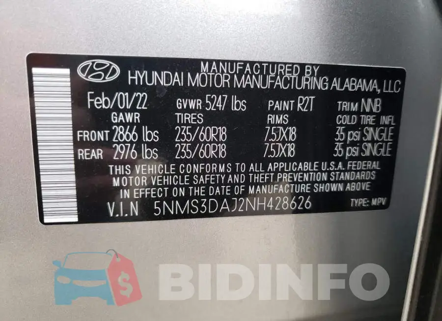 5NMS3DAJ2NH428626 Photo# 10