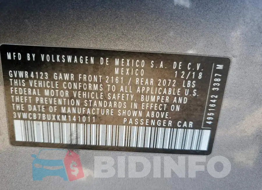 3VWCB7BUXKM141011 Photo# 10