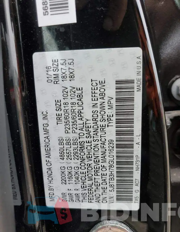 5J8TB3H78GL016239 Photo# 13