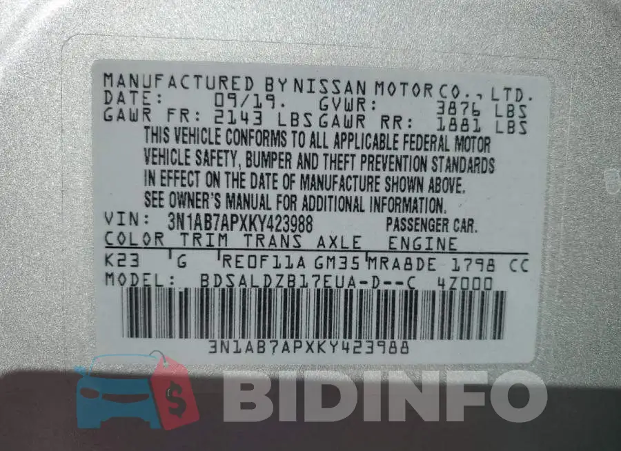 3N1AB7APXKY423988 Photo# 10
