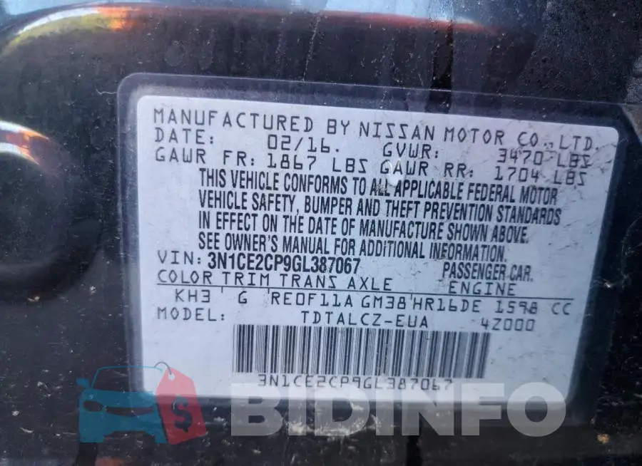 3N1CE2CP9GL387067 Photo# 10
