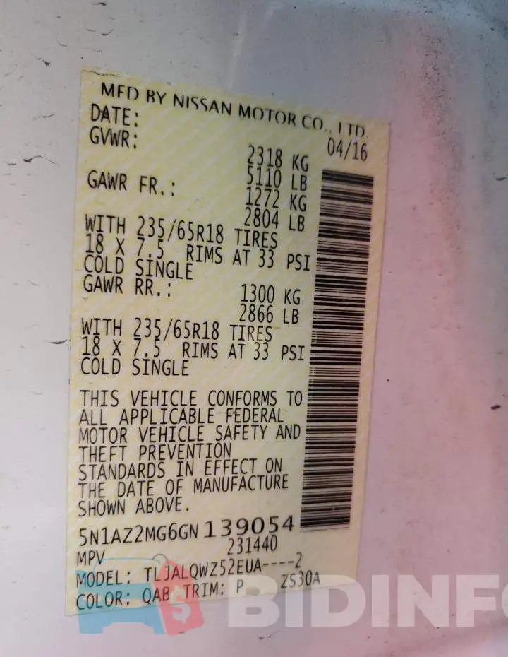 5N1AZ2MG6GN139054 Photo# 10