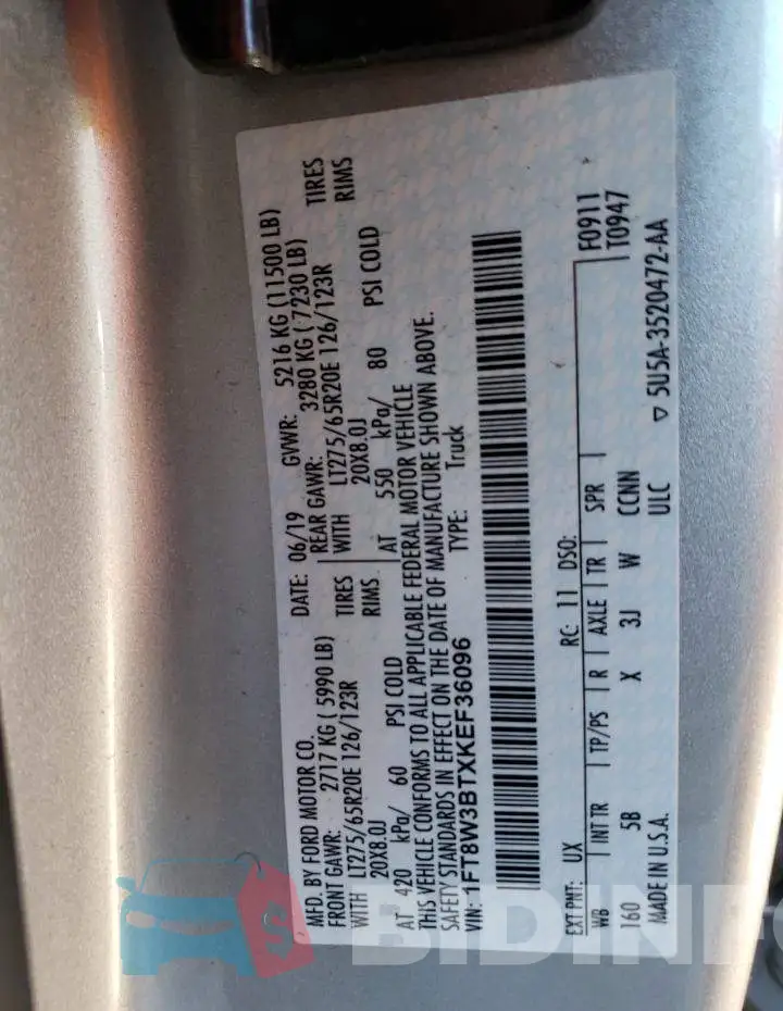 1FT8W3BTXKEF36096 Photo# 10