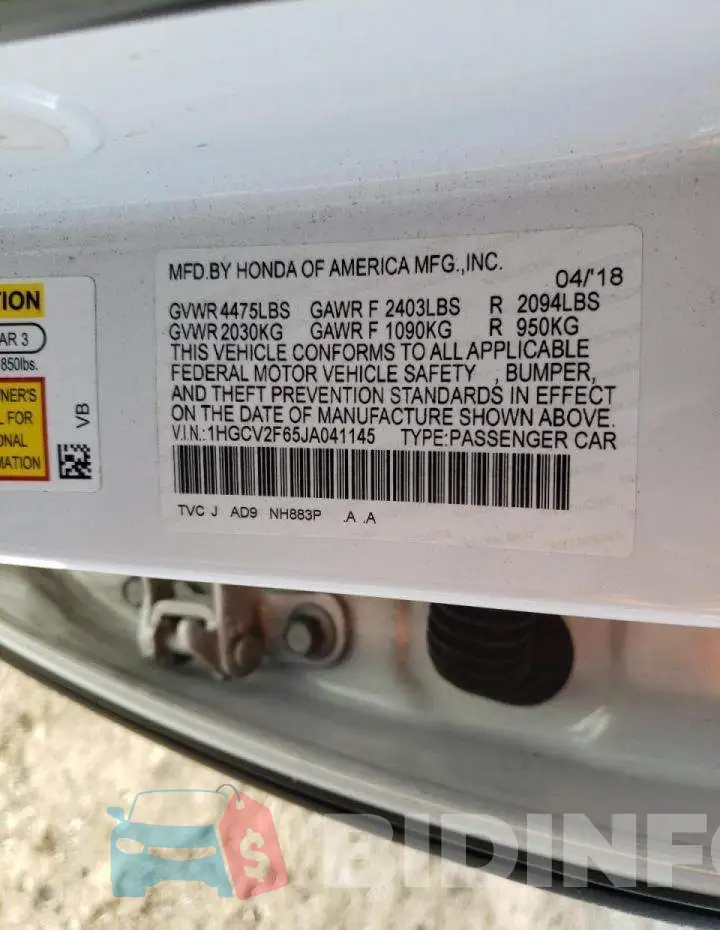 1HGCV2F65JA041145 Photo# 10