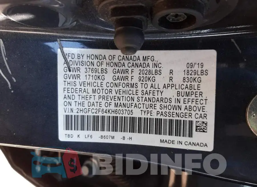2HGFC2F64KH603705 Photo# 12