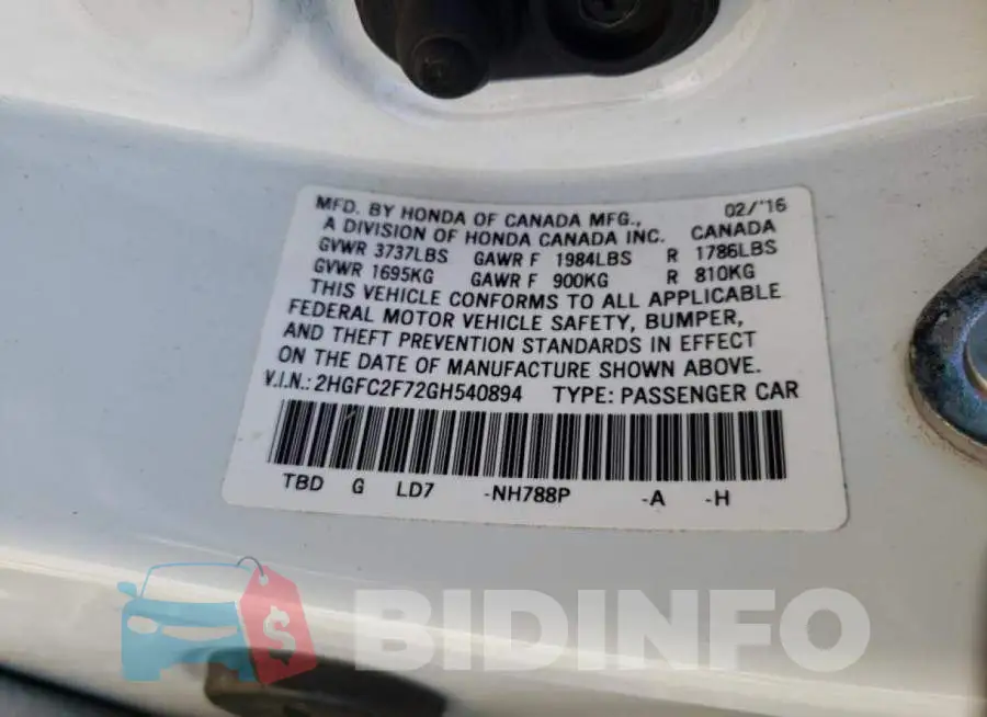 2HGFC2F72GH540894 Photo# 10