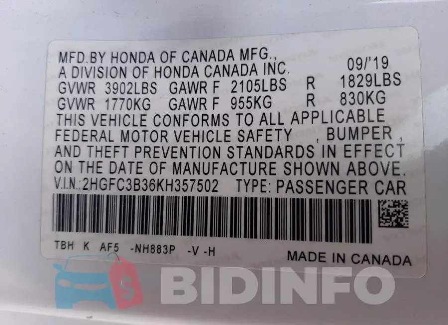 2HGFC3B36KH357502 Photo# 10