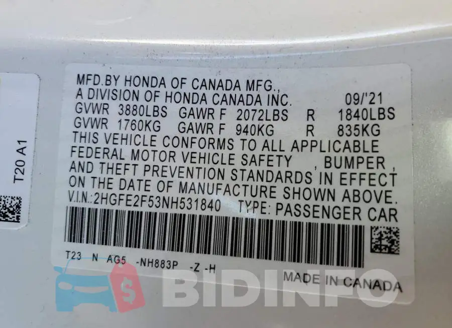 2HGFE2F53NH531840 Photo# 10