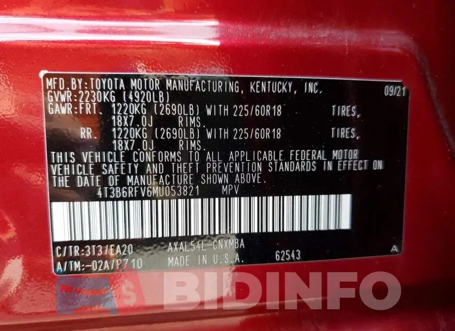 4T3B6RFV6MU053821 Photo# 10