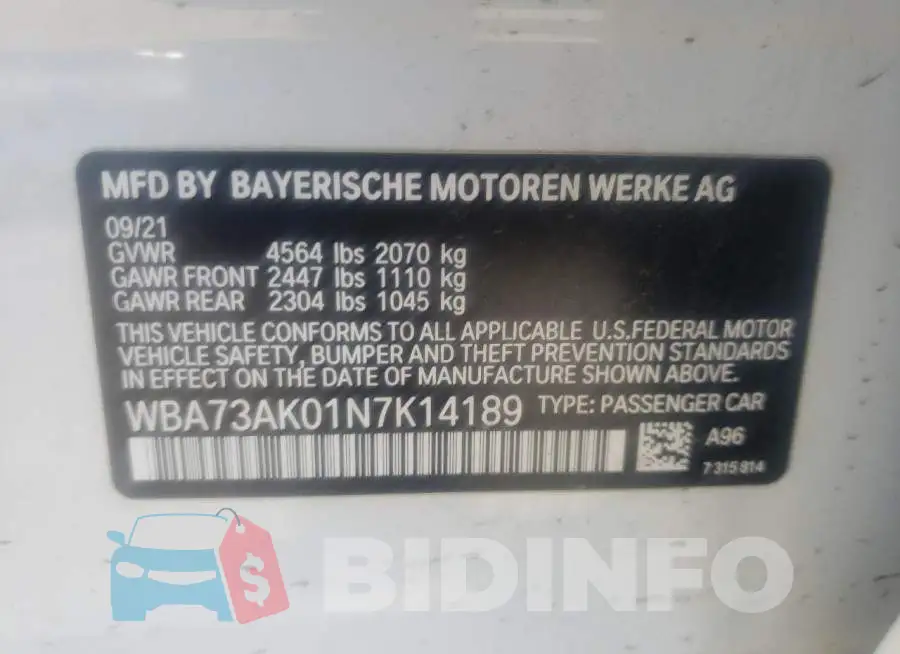 WBA73AK01N7K14189 Photo# 10
