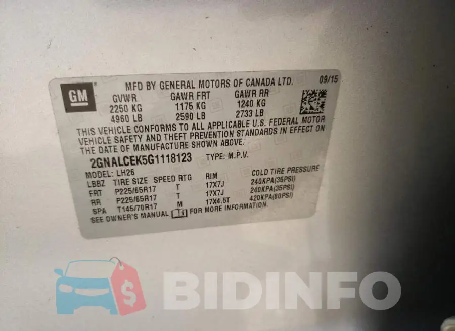 2GNALCEK5G1118123 Photo# 10