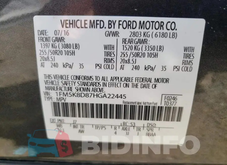 1FM5K8D87HGA22445 Photo# 10